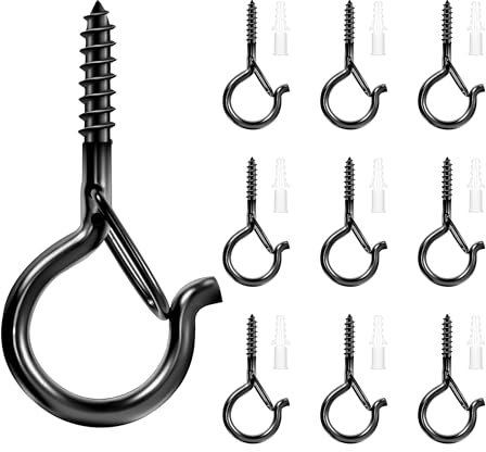 Qobobo 30 ganci a vite, ganci neri per viti, ganci a vite in acciaio inox, con fusibile con tassello, gancio per catena luminosa per piante in vaso esterno (nero)