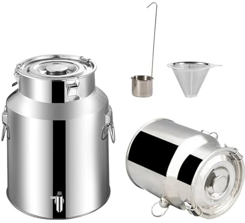 Yiustldd Bidons de Transport de Lait de 5 à 35 L - Bidon en Acier Inoxydable 201, baratte à Lait, Seau à vin, Bouteille, Seau avec Couvercle en Silicone, pichet de Transport avec Robinet,14L