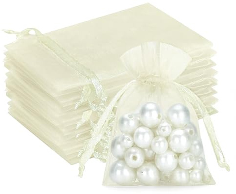 G2PLUS Beige Organza Gift Pouches, 7x9 CM Small Organza Favour Bags, 50 PCS Wedding Jewelry Bags, Clear Mesh Pouches Perfect for Wedding, Christmas, Birthday, Anniversary