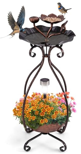 COSTWAY Vogeltränke mit Solarleuchte, Vogelbad Futterspender Blumentopf, mit dekorativen Lotus & Blättern, Metall, Vogelfutterstation Deko, für Wildvögel Garten Hof, 79 cm hoch (Bronze)