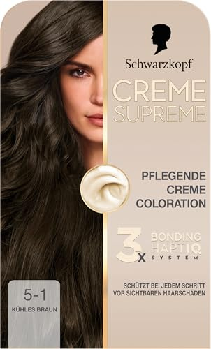 Schwarzkopf Creme Supreme Coloration 5-1 Kühles Braun (182 ml), dauerhafte Haarfarbe mit Serum und Haar-Maske schützt vor sichtbaren Haarschäden, für 100% Grauabdeckung