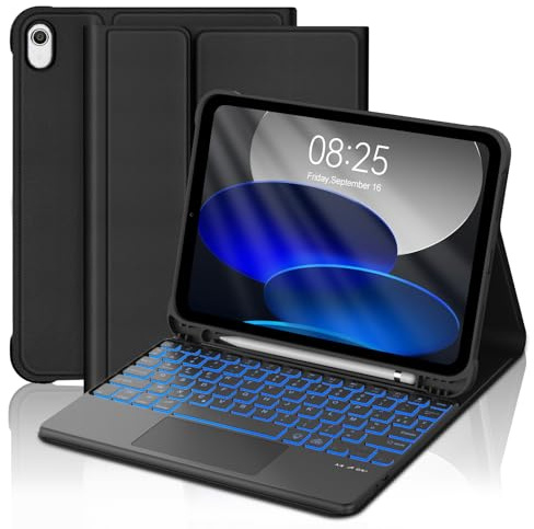 FOGARI Tangentbord fodral för iPad 11/10th Generation 2025/2022, AZERTY trådlöst bluetooth-tangentbord med avtagbar bakgrundsbelysning 7 färger touch-platta Multi-Touch för iPad 10th Gen/A16 (10,9/11