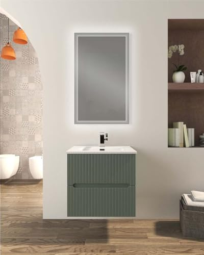 Generico Mobile bagno sospeso cm 60 con 2 cassetti soft close, frontali plissè e lavabo in ceramica (Verde Opaco)