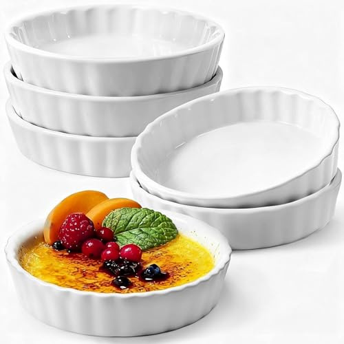 6 stycken ugnsformar, creme Brulee skålar, 12 x 2,3 cm ugnsform, liten, platta souffelskålar för bakning av vaniljpudding, minikakor, pudding och dip-såser, vit,