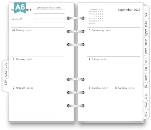 SKYDUE Agenda à anneaux rechargeable, format A6, de juillet 2026 à décembre 2027, format A6, rechargeable, 1 semaine sur 2 pages avec languettes, insert pour agenda hebdomadaire