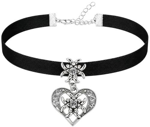 YUSHWENPTY Oktoberfest Collier Edelweiss pour Femmes Pendentif Strass en Forme de Cœur Élégantes Parure Bijoux de Dirndl Bavarois pour Fête de Bière et Accessoires de Costumes Traditionnels