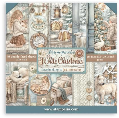 Stamperia – klippbok papper-dyna för scrapbooks, album, kort, bulletjournals och more, acid-fri, dubbla, perfekt för hobbyer, hantverk och gåva (vit jul) (30,5 x 30,5 cm)