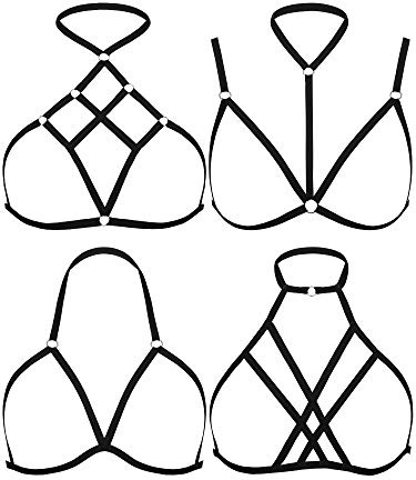 SATINIOR 4 Pieces Women Harness Strappy Hollow Out Cross Elastic Cage Bra Cupless Bra Body Lingerie for Ladies Girls (Retro Style), Medium