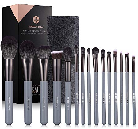 EIGSHOW Makeup Pinsel Set, 15 Stück Professionelle Kosmetikpinsel, vegane Schminkpinsel, hochwertige Lidschattenpinsel, Pinsel für Puder, Rouge, Foundation, Highlighter (Grau)