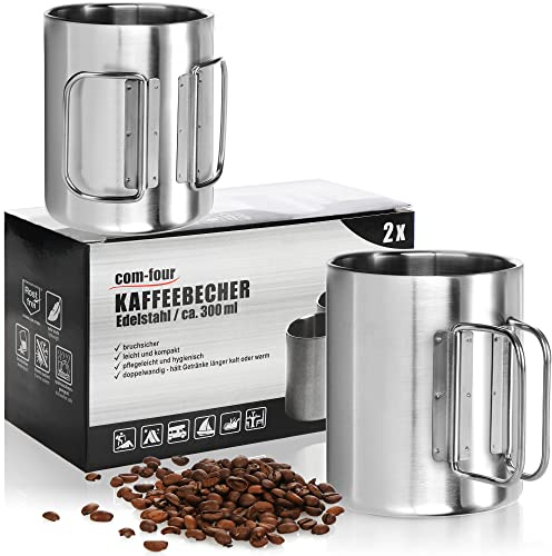 com-four® 2x tazas de café de acero inoxidable - 300 ml por taza - taza térmica de acero inoxidable 304 con asa plegable - taza aislante de doble pared - sin BPA (plata - 300ml - 2 piezas)