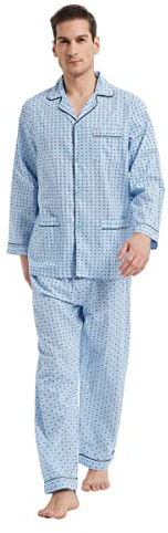 GLOBAL Pijama Hombre 100% Algodón Ropa de Dormir Manga Larga con Botones Cordón Transpirable Conjunto de Pijama Hombre Ropa de Estar por Arriba y Abajo,XL