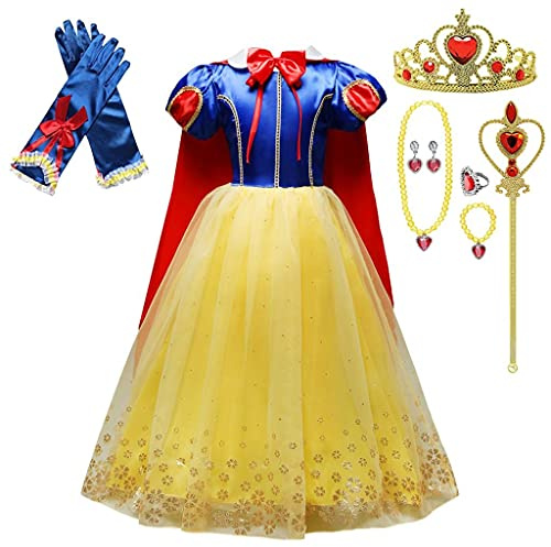 Lito Angels Vestito Costume Biancaneve Bambina, Abito Elegante Principessa con Gonna Voluminosa, Set Completo con Mantello e Accessori per Carnevale Compleanno, Taglia 3-4 Anni