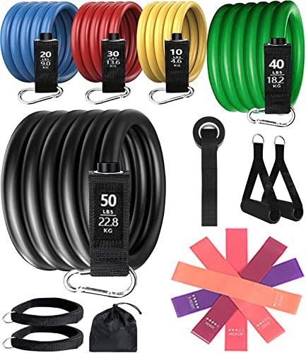 Aliynet Widerstandsbänder Set (16Pcs), Expander Bänder Set, 5 Fitnessbänder Tube Bands, 5 Widerstandsschlaufenbänder, Griffen, Knöchelriemen, Türanker für Yoga, Krafttraining, Physiotherapie