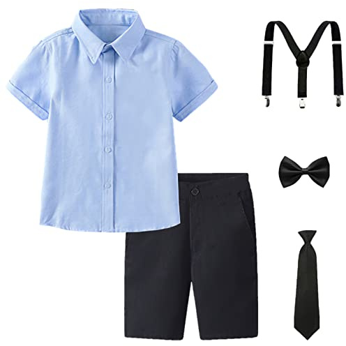 amropi Traje de Bautizo Niños Conjuntos de Camisa de Manga Corta y Pajarita y Pantalones y Tirantes para 3-12 años