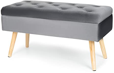 Hawthyhome Sitzbank mit Stauraum 80 × 35 × 43 cm, Sitztruhe mit Aufbewahrungsbox Truhenbank Samt Polsterbank mit Holzbeine für Flur Wohnzimmer Schlafzimmer Deep Grey