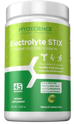 MYOXCIENCE Electrolyte STIX | Creatine Electrolyte Powder | Recovery from Exercise & Muscle Development w/Real Salt (Lemon Lime Flavor) (Jar 45 ct)