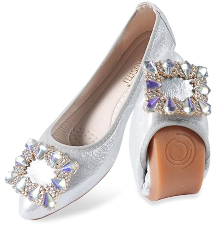MACHSWON Women's Ballet Flats Sparkly Buckle Rhinestone Wedding Ballerina Shoes Foldable Portable Comfort Slip on Flat Walking Shoes(Silver-1, Size 7.5)
