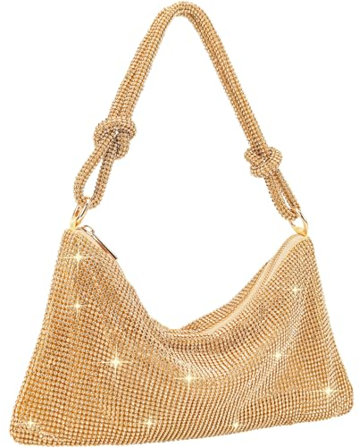 TOPALL Clutch Glitzer Damen,Silber Abendtasche,Handtasche Diamant Tasche Schultertasche Silber mit Reißverschluss, Strasssteine Clutches Brieftaschen Umhängetasche für Party Freizeit Date(A-Gold)