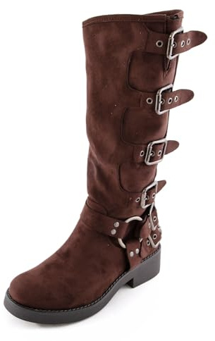 Toocool Botas de mujer de ante motorista, botines hebillas LQ-107, marrón, 38 EU