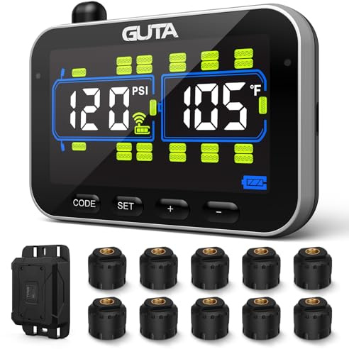 GUTA Trailer Tire Pressure Monitoring System, RV Tire Pressure Monitor with 10 Sensors, 6 Alert Modes, Signal Booster, Large Color Display, Long Sensing Distance, 0-188PSI TPMS for RV Trailer Semi