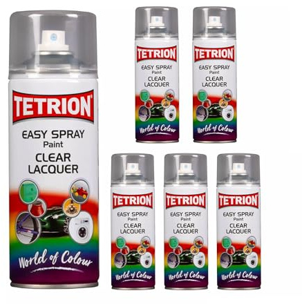 Tetrion Easy Spray Paint - Clear Lacquer 400ml (Pack of 6) - Acrylic Clear Coat Spray for Wood, Metal, Plastic, Ceramic & More - Easy to Use, Durable Finish,Indoor & Outdoor Use, 13.5 Oz
