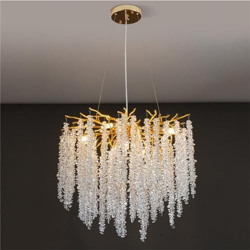 Modern kristallkrona med gren av kristall, stor guldregndropp inomhus hängande lampa för matsal Kök Ö Vardagsrum Sovrum, rund 50 cm