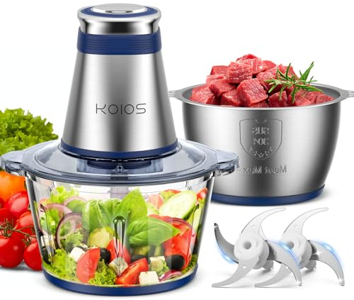 KOIOS Food Processor, 500W Electric Food Chopper with 2 Bowls (8 Cup+8 Cup) & 2 Bi-Level Blades&, Small Electric Grinder Meat Processor for Nuts, Meat, Onion, Garlic, Baby Food, Blue