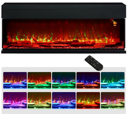 HOMCOM Camino Elettrico da Incasso con Effetto Fiamma 3D Regolabile, 1800W Caminetto Elettrico Silenzioso da Terra e da Parete con Spegnimento Automatico, Termostato, Risacaldamento, 40㎡, Nero