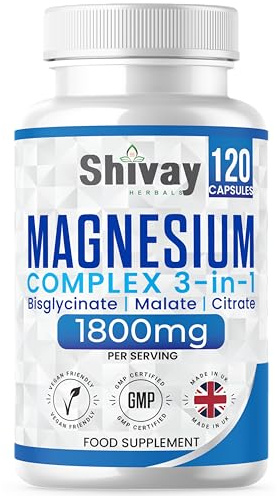 Magnesium Glycinate 3-in-1 Complex 1800mg | 384mg Elemental Magnesium | Bisglycinate, Malate & Citrate | High Absorption Vegan Formula | 120 Capsules | UK Made by Shivay Herbals