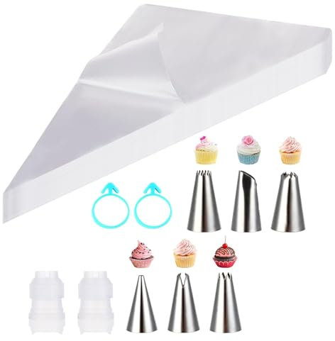 Funngy Piping Bag Set, 6pcs Stainless Steel Nozzles, 30cm Plastic Piping Bags for Icing, Cream, Mashed Potatoes & More