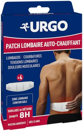 Urgo - Patch auto-chauffant lombaires x4 unités - Soulage les douleurs du dos de type contractions musculaires - Améliore l'oxygénation des muscles et élimine les toxines - Doux et agréable