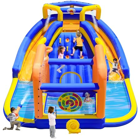 WELLFUNTIME Inflatable Water Slide, Bouncy Castle with Blower, 171 x 160 x 90 inches Bounce House with Climbing Wall, Archery Dartboard Game and Basketball Hoop, Jumping Area