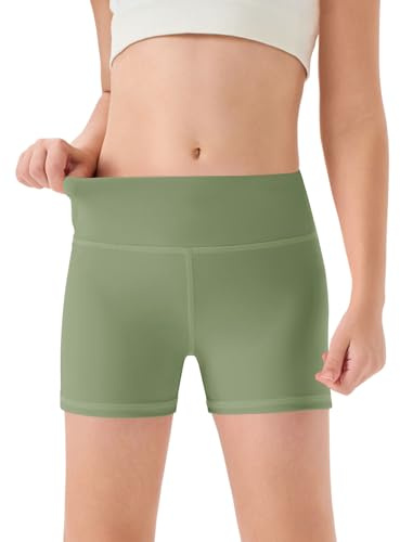 Haloumoning Short de sport pour filles Enfants Taille haute Yoga Danse Cycliste Short de gymnastique confortable 5-14 ans, vert olive, 11-12 Ans