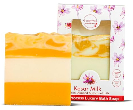 SoapyWise Kesar Milk Luxury Soap Bar, Natural Handmade Vegan Bath Soap with Saffron, Almond & Coconut Milk, Cold Processed Moisturising & Hydrating Cleanser for Face, Body & Hands – 90g (Pack of 2)