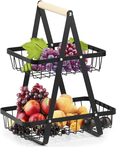 ZGONOUY Black 2 Tier Fruit Basket, Countertop Metal Fruit Basket, 2 Tier Fruits Bowl Detachable Metal Fruits Holder for Fruit Vegetables Snackss