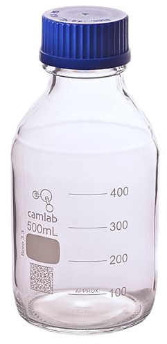 Camlab graderad 3,3 borosilikatglas reagensflaska, med skruvlock, kemikaliebeständig och värmebeständig, 500 ml glasbägare, förpackning med 1