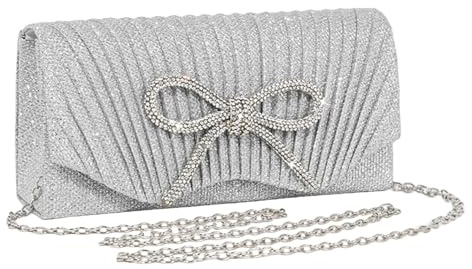 XFSRG Pochette Donna Fiocco Glitterato Borsa da Sera Elegante Cerimonia Clutches con Catena Staccabile per Cocktail Festa Matrimonio(Argento)