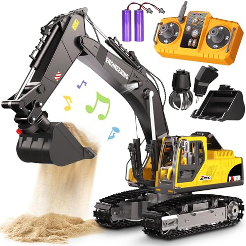 GraceDuck Remote Control Excavator Toys for Boys, 3 in 1 RC Excavator Toy with Alloy Bucket, Rock Breaker, and Grapples - Rotatable 680°, Lights and Sounds RC Construction Toys for Boys Age 3+