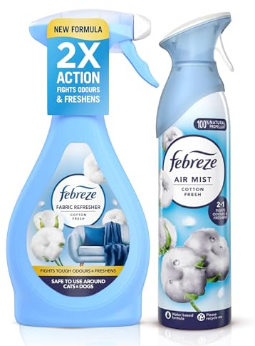 Febreze Fabric Spray 500ml & Air Mist 185ml Cotton Fresh – Odour Eliminator Fabric Refresher & Air Freshener Spray Duo for Home, Car, Upholstery & Bedding – Long Lasting Freshness