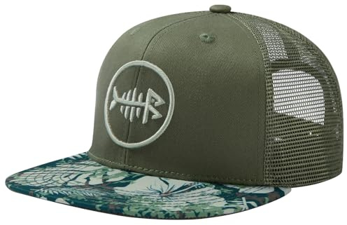 Bassdash Flat Brim Trucker Cap Justerbar Snapback Hat Mesh Back för Män Kvinnor Fiske Jakt, Mossgrön/tropisk växt, one size