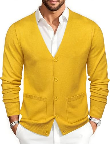 Barry.Wang Mens Sunflower Yellow Cardigan Sweater Long Sleeve Casual V Neck Knitted Cardigans with Pockets Spring Wedding Party