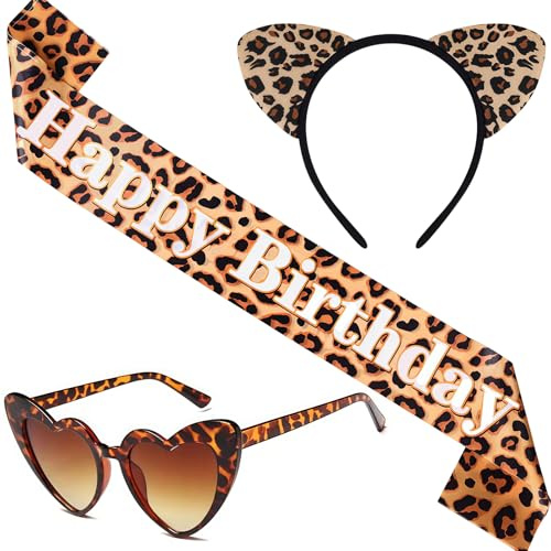Cosblisvia 3-Teiliges Birthday Girl, Leoparden, Herz Sonnenbrille Set für Damen, Mädchen, Kinder für Mottoparty, Kostüm, Geburtstag (Einheitsgröße Braun Leo)