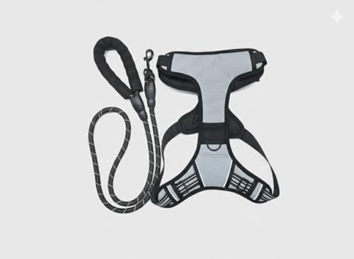 PET&TECH Imbracatura per cani con guinzaglio; anti-tiraggio, regolabile ed ergonomico, design tipo sedia da equitazione, taglia L, comoda, sicura e con maniglia di controllo, grigio