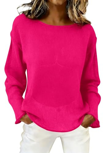 HUIFUAO Stickade nättoppar för kvinnor sommar lätt urholkad skir jumper båt hals klocka ärm genomskinlig tröja pullover strand semester simning gå ut andas täcka upp blus skjorta