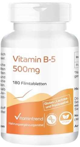 Vitamintrend Vitamin B5 500 mg, 180 tabletter, högdoserad, pantotensyra, veganskt kosttillskott utan magnesiumstearat, tillverkad i Tyskland