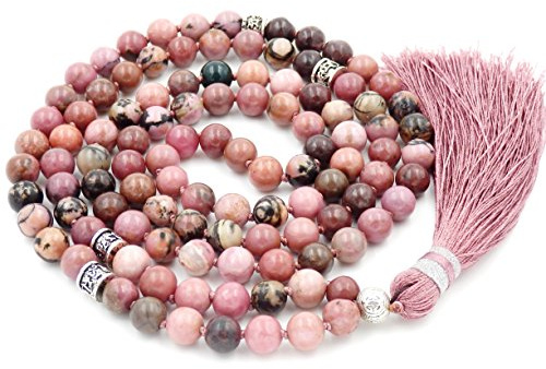 Fukugems 108 Mala Budista Collar Mujer Hombres, Mala Brazalete, meditación Budista Collar, Rhodonite Yoga Mala