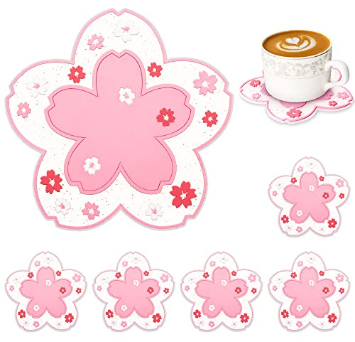 Conisy Untersetzer Gläser, 6er Set Glasuntersetzer Silikon für Getränke, Tassen, Bar, Glas - Tischuntersetzer (Sakura Rosa)