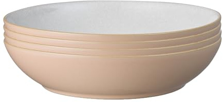 Denby - Elements Shell Peach Pasta Bowls Set of 4 - Dishwasher Microwave Safe Crockery 1050ml 22cm - Peach, White Ceramic Stoneware Tableware - Chip & Crack Resistant