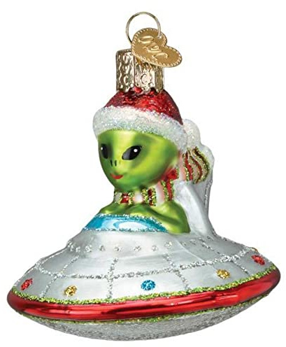 Old World Christmas UFO with Alien in Santa Hat Glass Blown Ornament for Christmas Tree, Handcrafted Holiday Decoration, Outer Space Collection