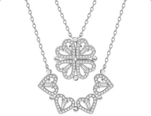 MagCopper S925 Sterling Silber Herzform Faltkette mit Schlüsselbein Kette Liebe Herz vierblättriges Kleeblatt Anhänger weiblich Volldiamant, Bambus